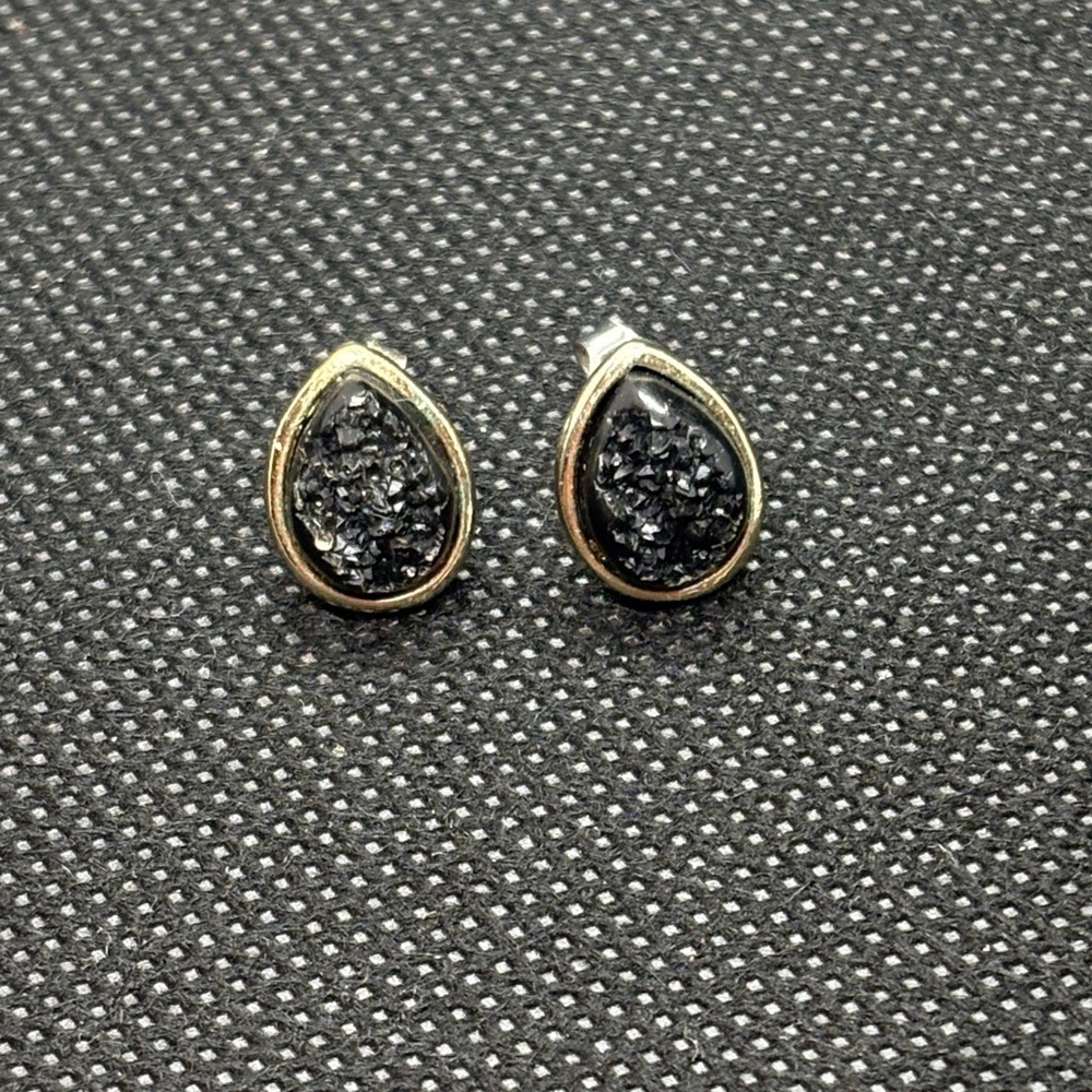 Silver & Black Druzy Teardrop Earrings 1/2”